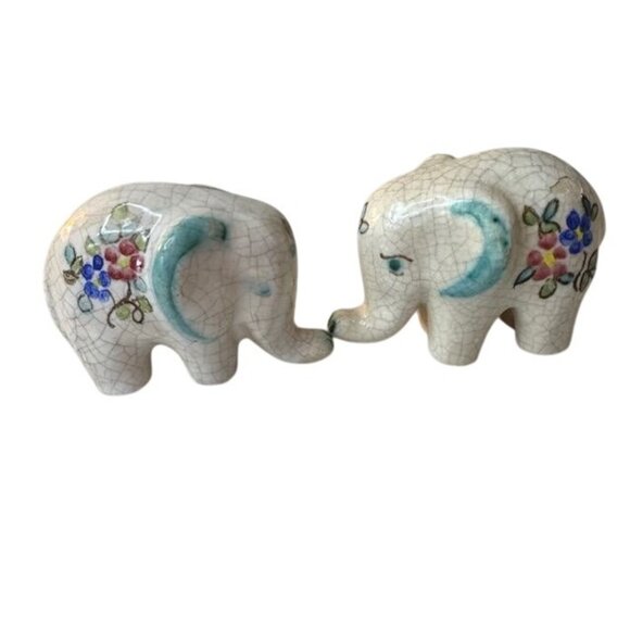 Vintage Ceramic Elephant Figurines Set Of 2 Hand-Painted Floral Decorative Colle - Picture 9 of 9